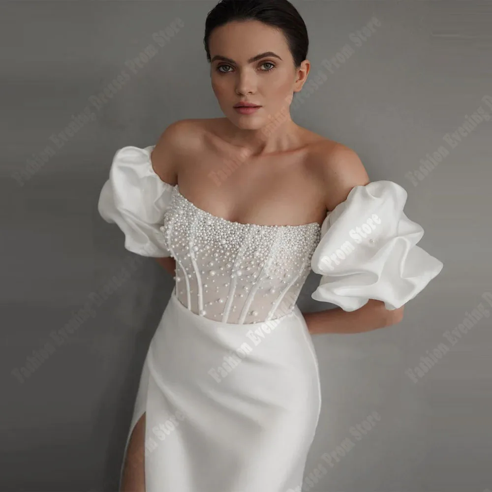 Vestidos de novia de superficie satinada brillante, ropa de novia Sexy con apliques de encaje, diseño estampado, línea A, Espalda descubierta, 2024