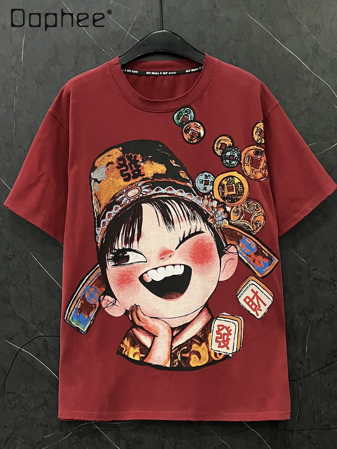 

Chinese Style New Year Festive Heavy Craft New Cartoon Fortune Print Girl Short Sleeve T-Shirt Loose Casual Mid-Length Top