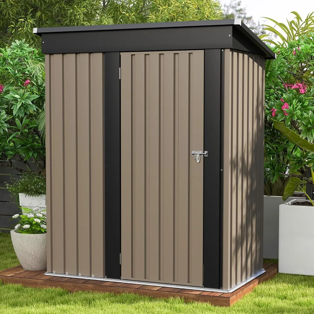 5x3 FT Outdoor Metal Storage Shed with Sloping Roof & Lockable Door for Backyard Garden Patio, Brown, Custom