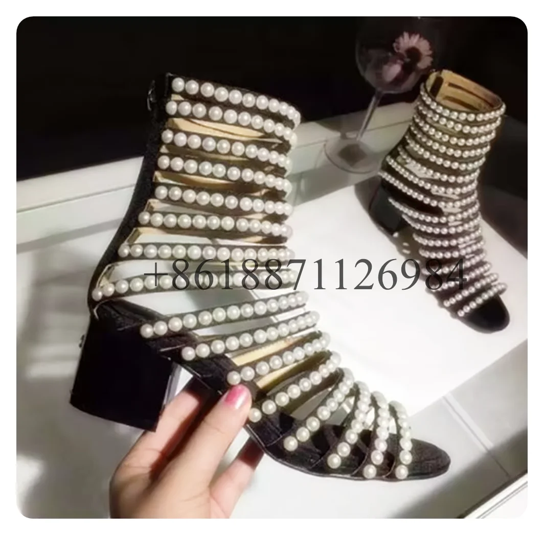 

Hot Sales Summer Women Boots With Pearls Fashion Mixed Colors Chunky MIddle Heels Sandals Women String Bead Gladiator Shoes