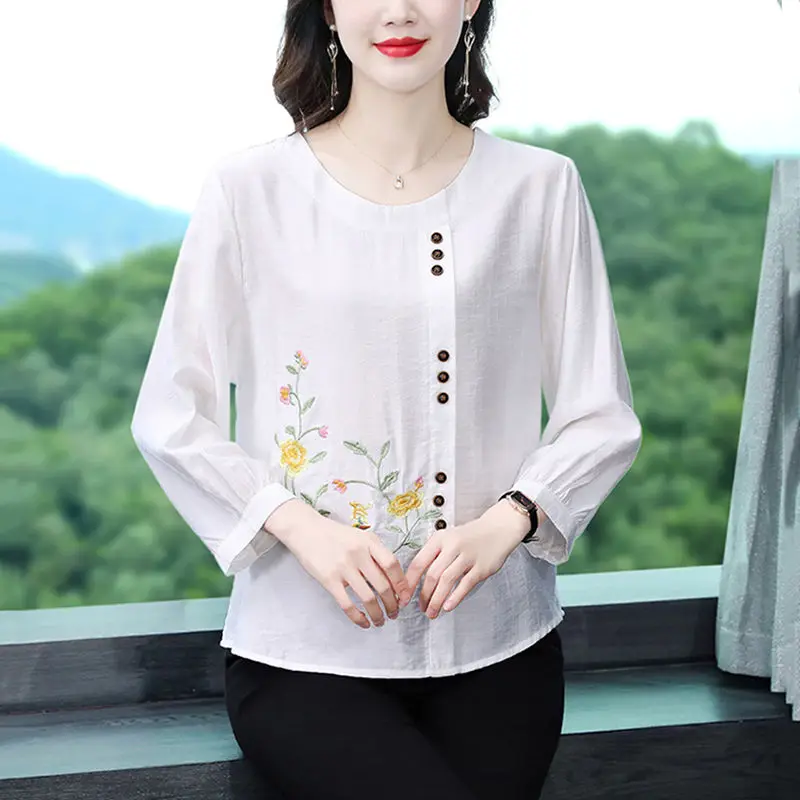 Simplicity Office Lady Summer Women\'s Solid O-Neck Embroidered Button Temperament Casual Versatile Loose 3/4 Sleeve Shirts Tops