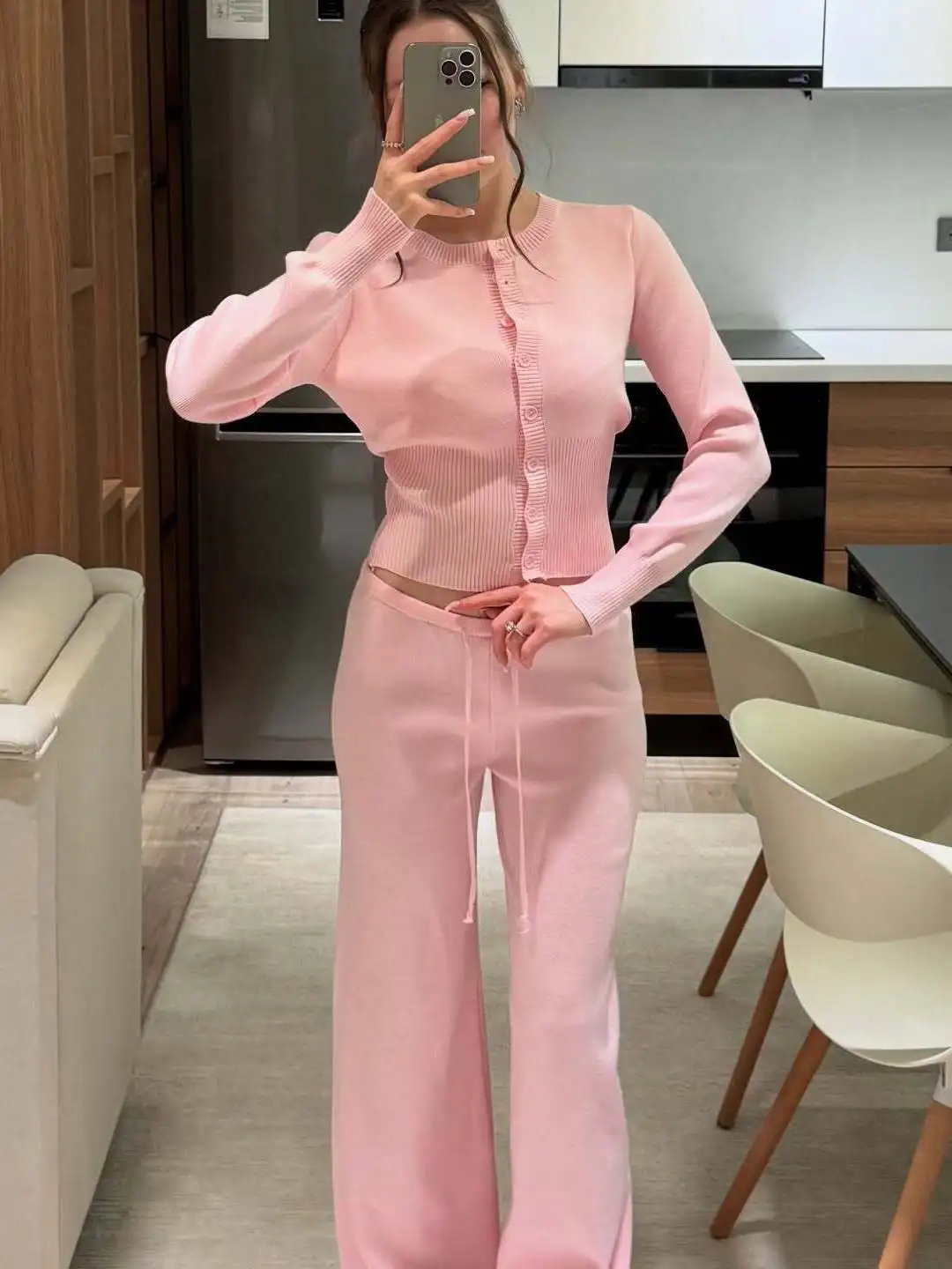 

Women's Casual Knitted Set round Neck Long Sleeve Warm Cotton High Waist Straight Leg Pants Autumn Winter Fashion Ensemble