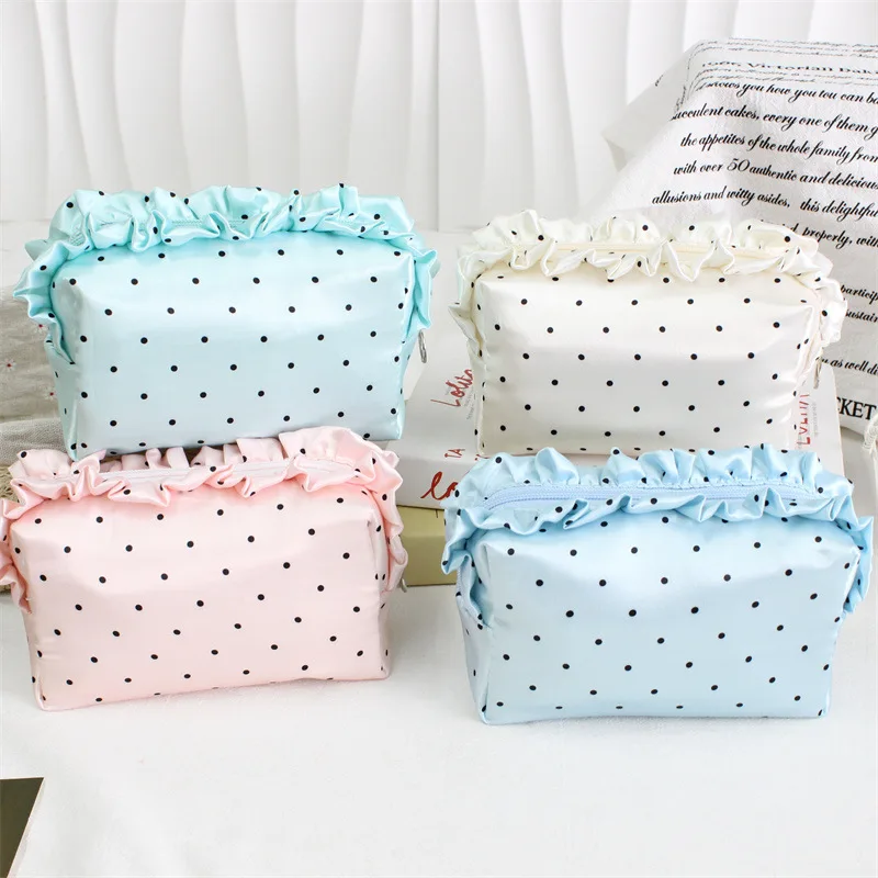 Polka Dot Satin Cosmetic Bag With Ruffle Edge Large Capacity Storage Pouch Elegant Soft Clutch Travel Toiletry Bag For Women