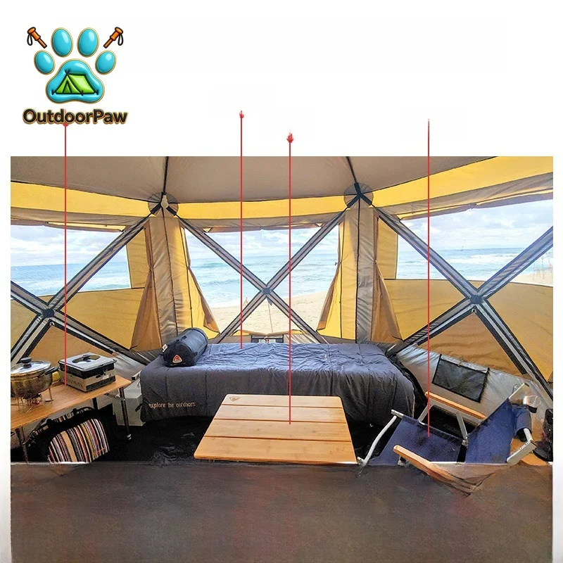 Hexagonal Outdoor Cam Tent Large Mongolian Yurt Auatic Waterproof Windproof Sunade Silver Coated Polyester Fabric