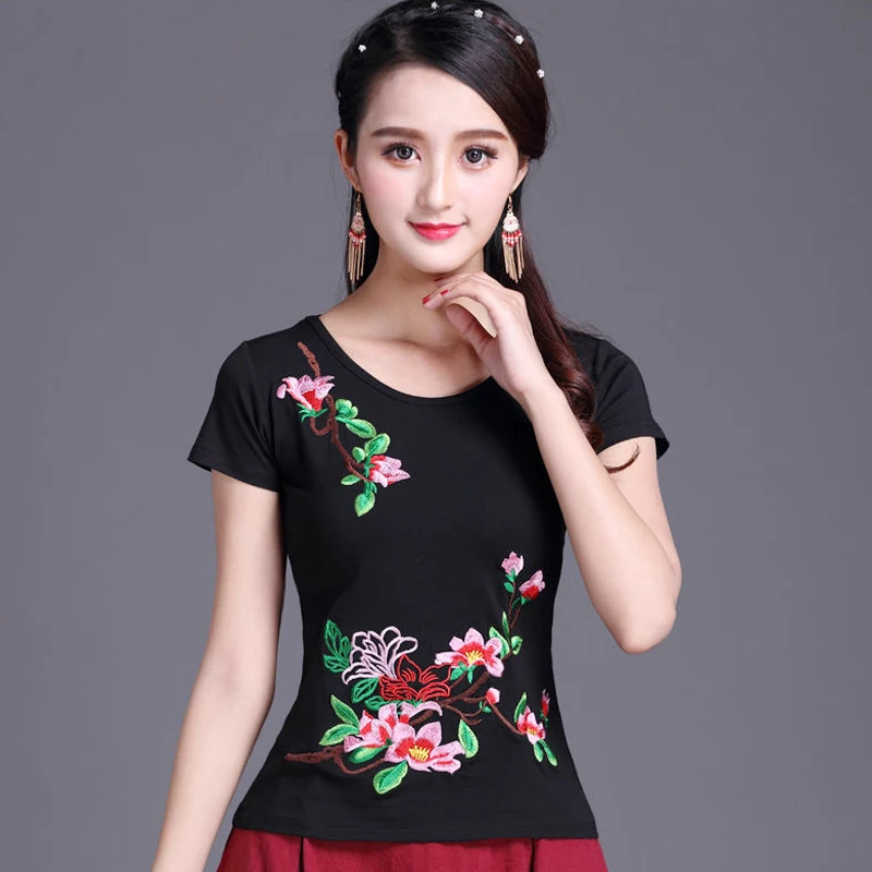 Chinese Style Clothing Women Vintage Floral Print Qipao Tops Hanfu Tee Shirt Qi Pao Tang Suit Blouse T-Shirt Cheongsam Top V1938