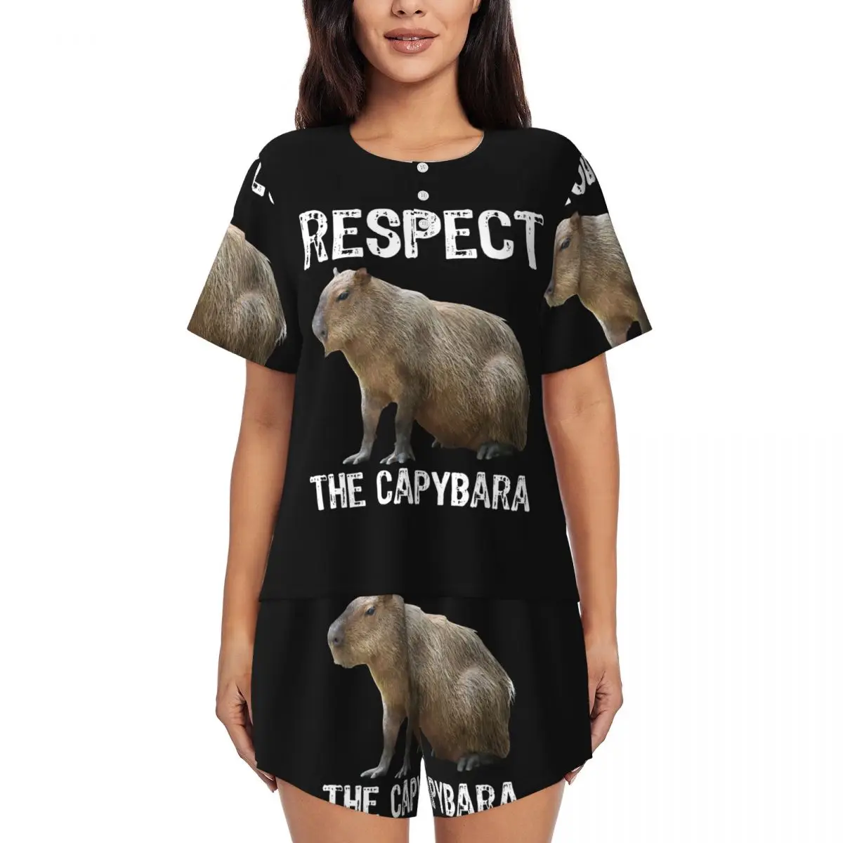 Women Respect The Capybara Funny Rodent Capibara Pajamas Set Custom Printed Two-piece Pj Sets Short Sleeve Sleepwear Loungewear