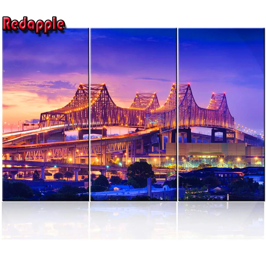 Wall painting with diamond embroidery, cross stitch, full drill, New York, Paris connection Bridge, home decor, 3 PCs set