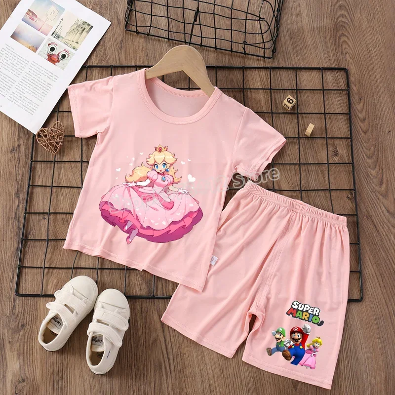

Super Mario Bros Child Short-sleeved Clothes Pants Suit Baby Summer Thin Pajamas Home Baby Air Conditioning T Shirt Girls Gift