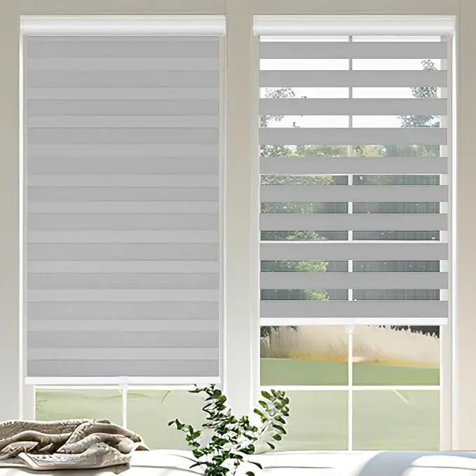New Design Windproof Waterproof Manual Cordless Spring Dual Layer Polyester Zebra Blinds For Bedroom Window Decor