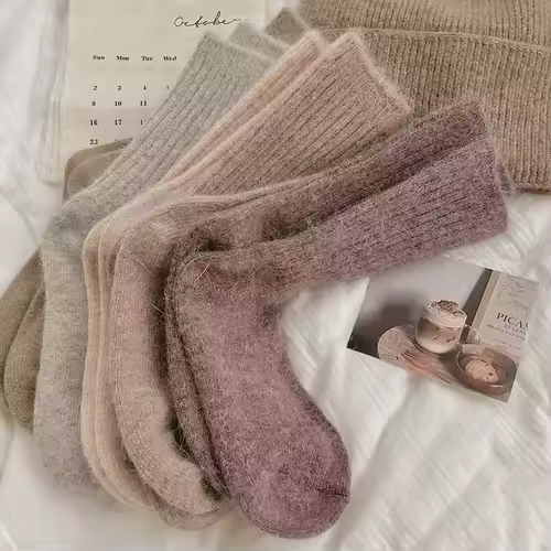 Winter Thick Warm Women's Cashmere Wool Socks Japanese Harajuku Style Solid Color Long Thermal Fashion Sox for Ladies - Image 3