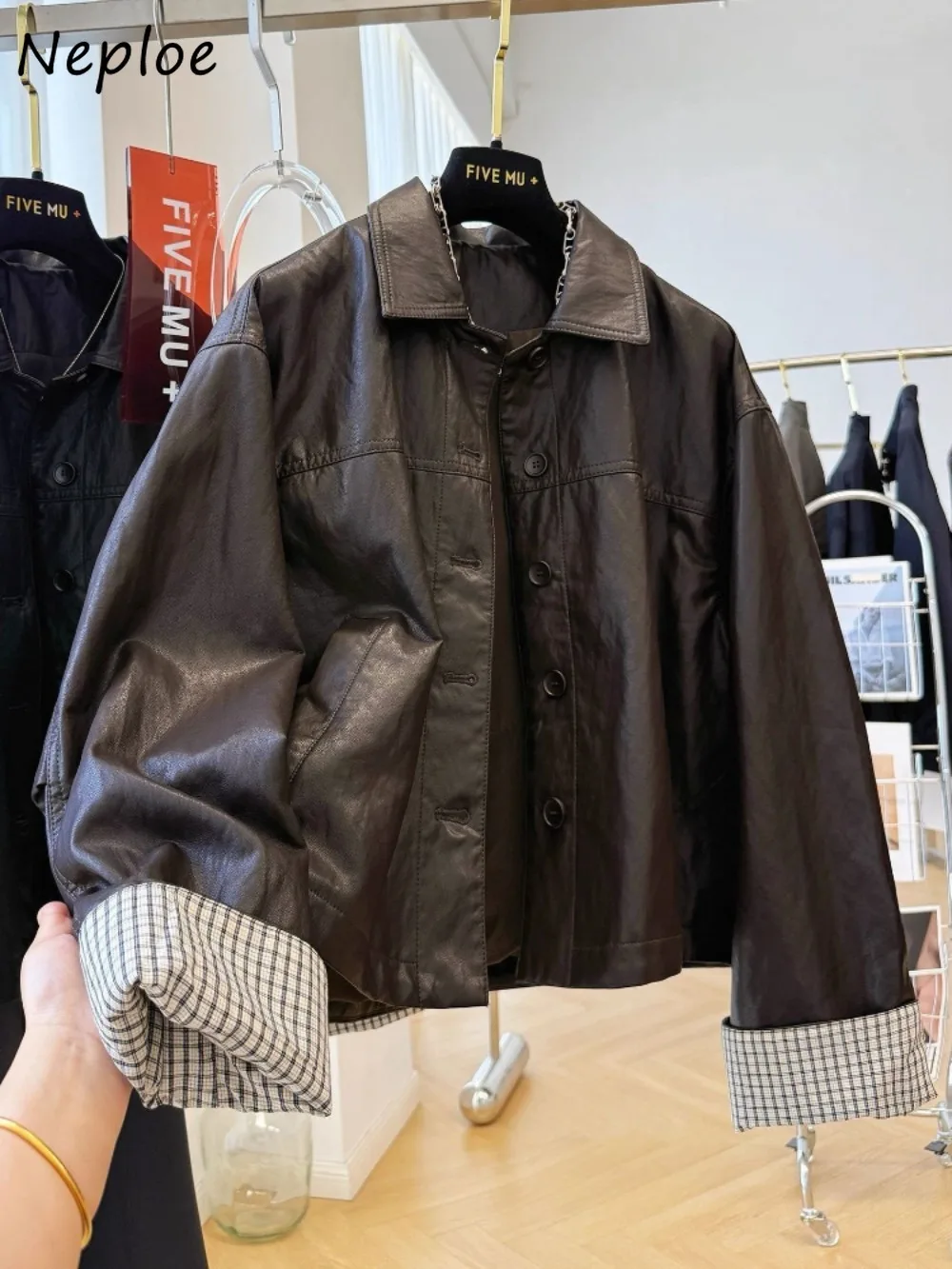 

Neploe Trendy Hot Sell Turn-down Collar New Outwears Casual Leather Drop- Shoulder Mujer Chaqueta Unique Small Fellow Moda Coat