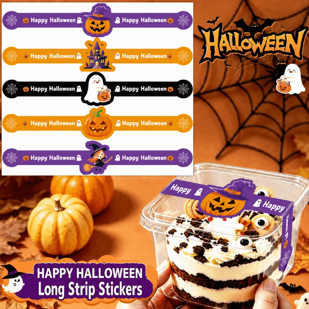 50PCS Multicolor Halloween Sealing Stickers Cartoon Pumpkin Ghost Self-adhesive Long Strip Stickers Back Adhesive Witch Castle