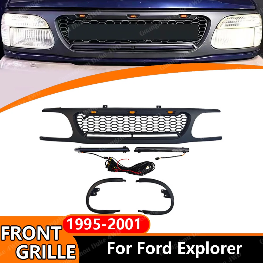 Front Grille for Ford Explorer 1995-2001 Sport Mesh Grill with LED Light Bar Front Bumper Grille Exterior Styling Upgrade