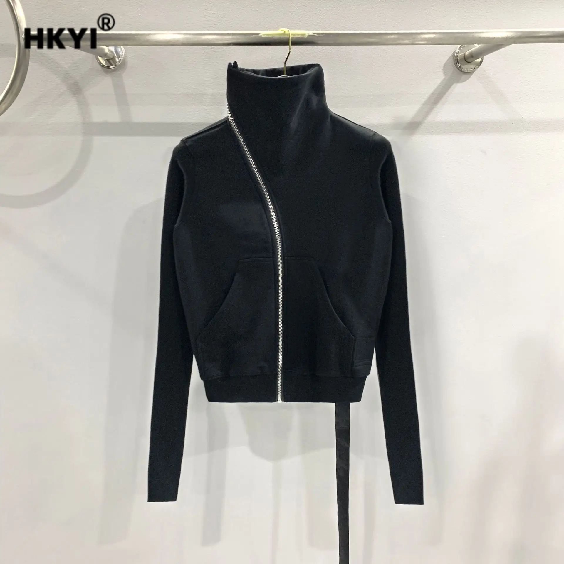 HKYI Women's Double Lined Float Strap Diagonal Zipper High Collar Cotton Matte Hoodie Coat sweatshirt hoodies women