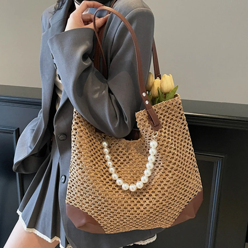 

Роскошная большая вместительная летняя пляжная соломенная сумка, повседневные сумки-тоут, модные соломенные женские сумки на плечо, бумажные тканые женские сумки