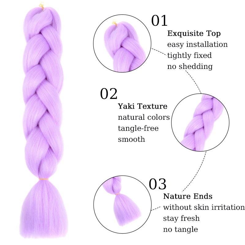 ผมถักสีม่วงอ่อนสังเคราะห์ ขนาด 24 นิ้ว แบบยืดสำเร็จรูป สำหรับถักเปียแบบกล่อง จัมโบ้ สำหรับผู้หญิง เด็กหญิง และเด็ก
