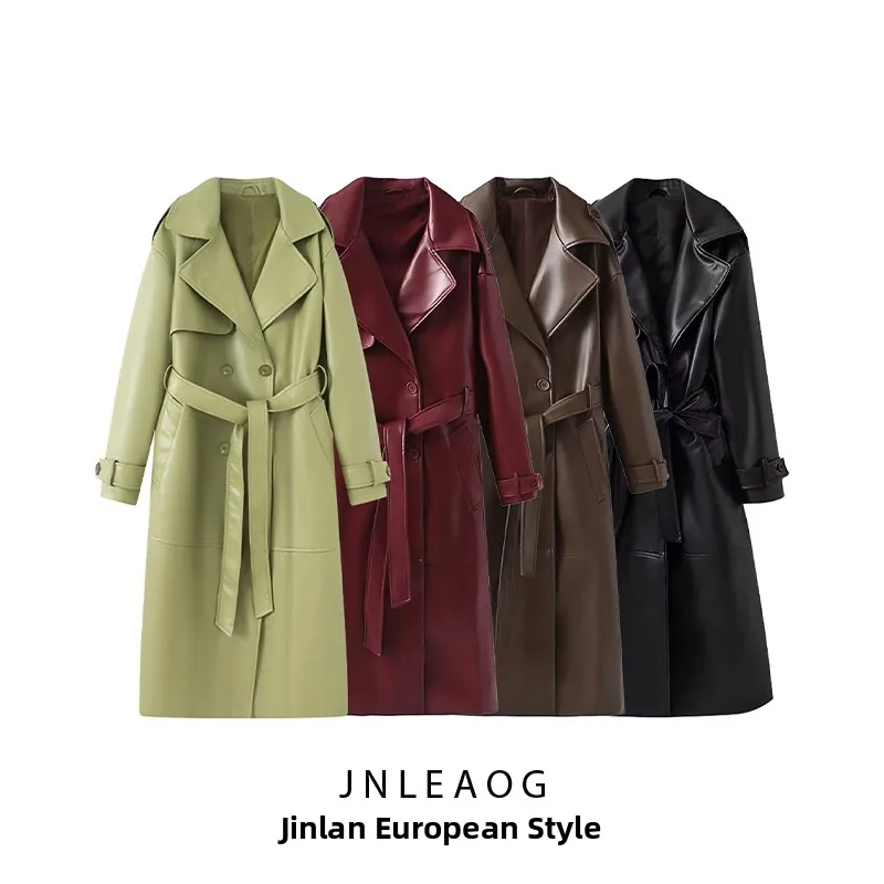 

JNLEAOG, осеннее новое женское винтажное кожаное пальто из двух предметов с недостающей талией, деловое повседневное длинное пальто на молнии све