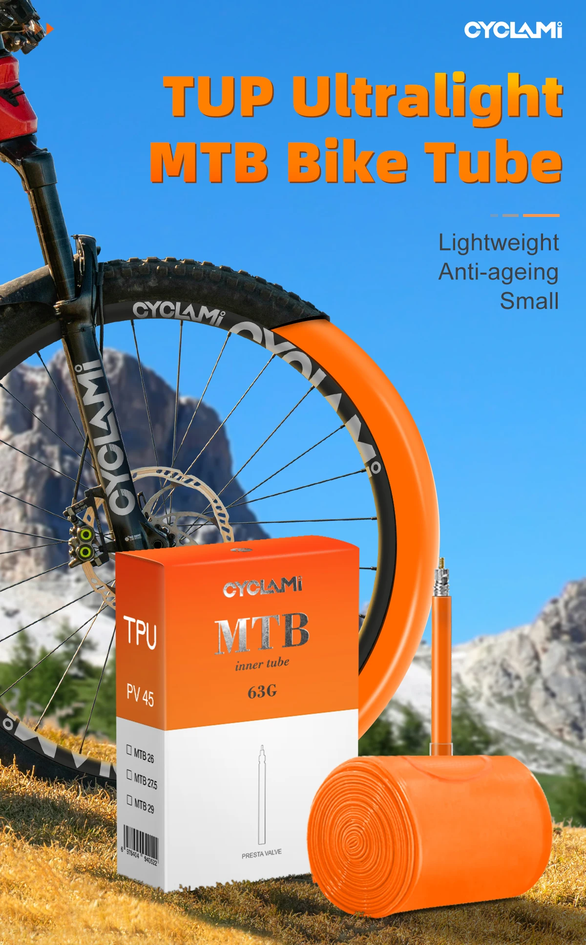 CYCLAMI Ultraleichter Fahrradschlauch 26 27,5 29 Zoll MTB Fahrrad TPU Material Reifen 45 mm französisches Ventil Superleicht Anti-Oxidation – Detail 1