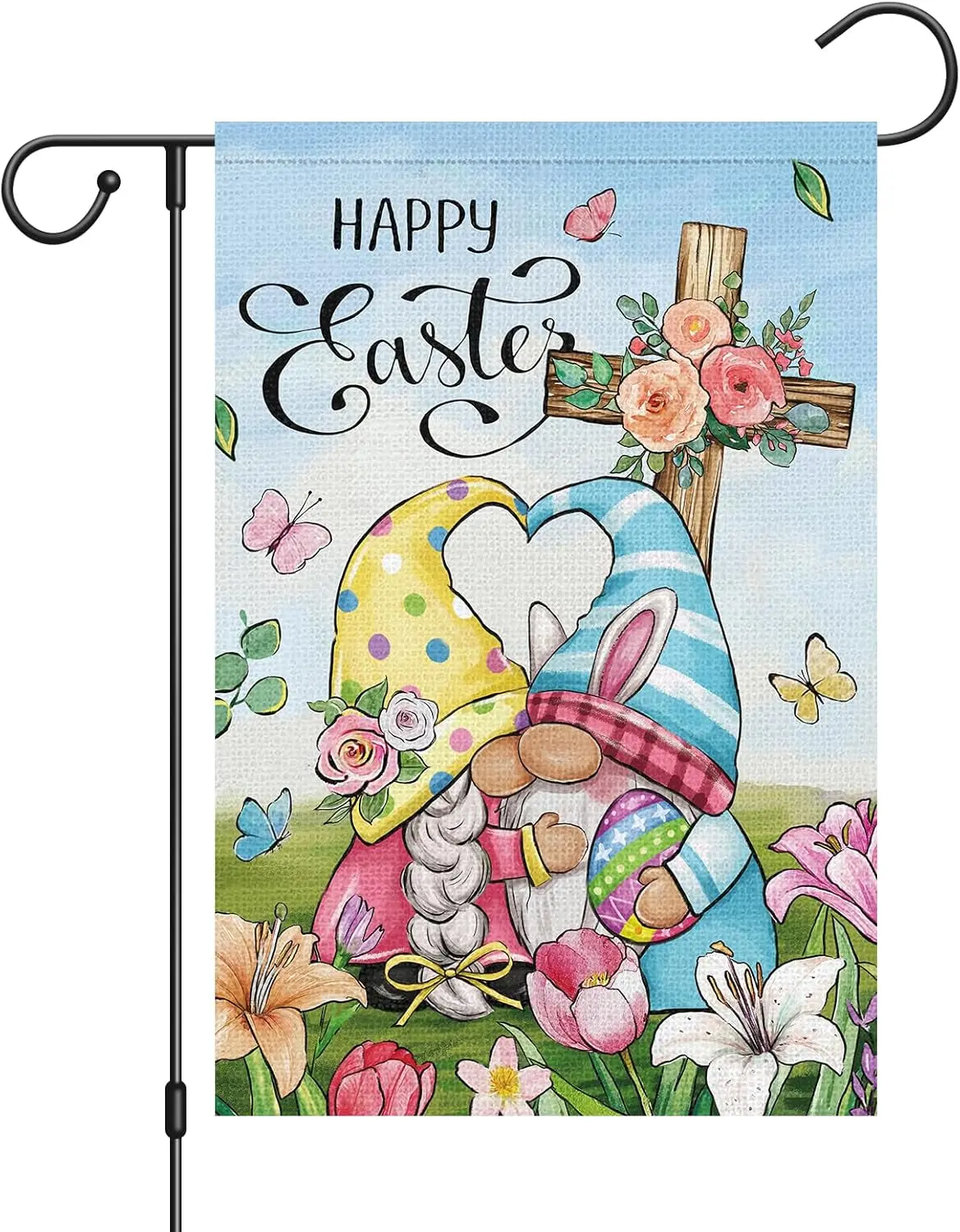 Louise Maelys Happy Easter Welcome Garden Flag Floral Cross Bunny Gnome 12x18 Inch Double Sided Small Burlap Spring Holiday  EEZ