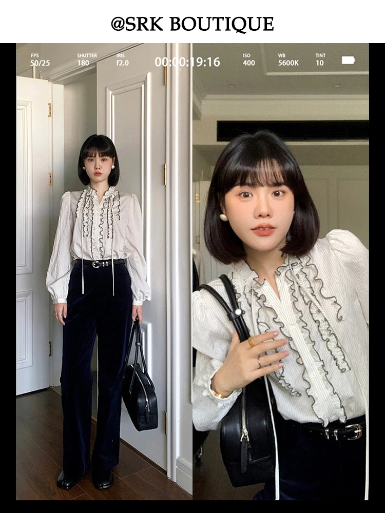 

Женская блузка SRK Gentle Stripe с V-образным вырезом, рюшами и цветовыми блоками, осенне-зимняя коллекция, новинка