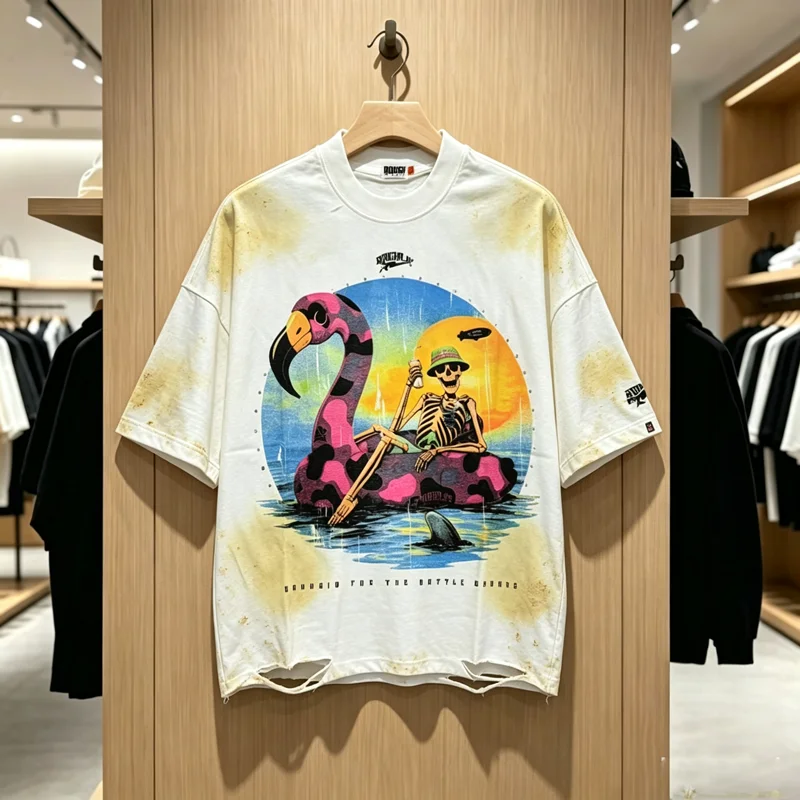 Stain Rough Play Camouflage Bird Boat Skulls Print T Shirt Men Women Streetwear Short Sleeve Loose Hole Damaged Cotton Tops Tee