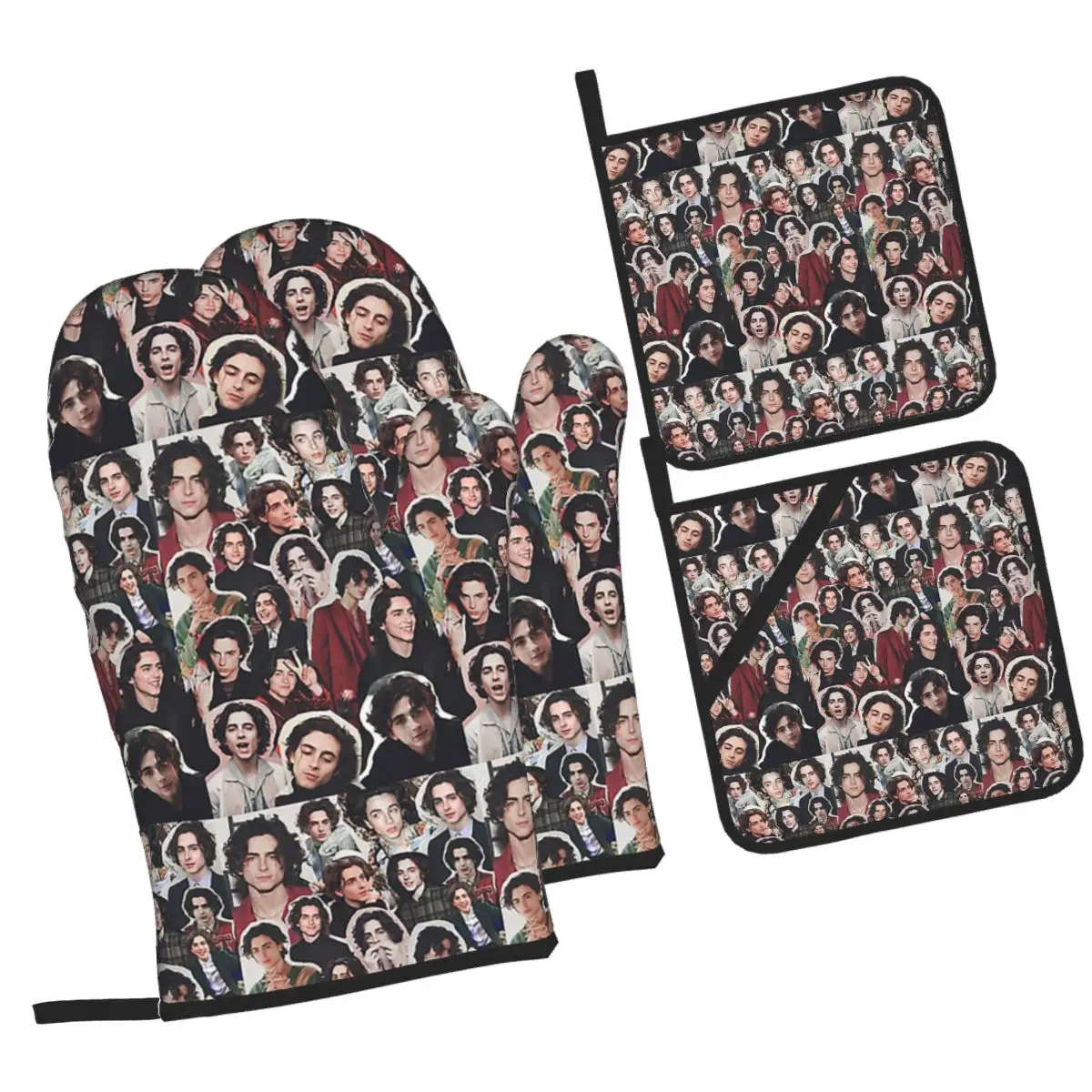 Timothee Chalamet Collage Edit Oven Mitts and Pot Holder Sets of 4 for Baking Kitchen Cooking Grilling Resistant Non-Slip Gloves