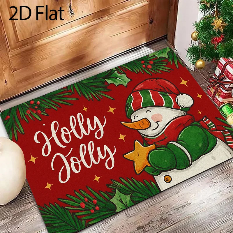 Holly Jolly Snowman Doormat Christmas Holly Pine Branch Print Entryway Floor Mat for Front Door Indoor Xmas Holiday Home Decor