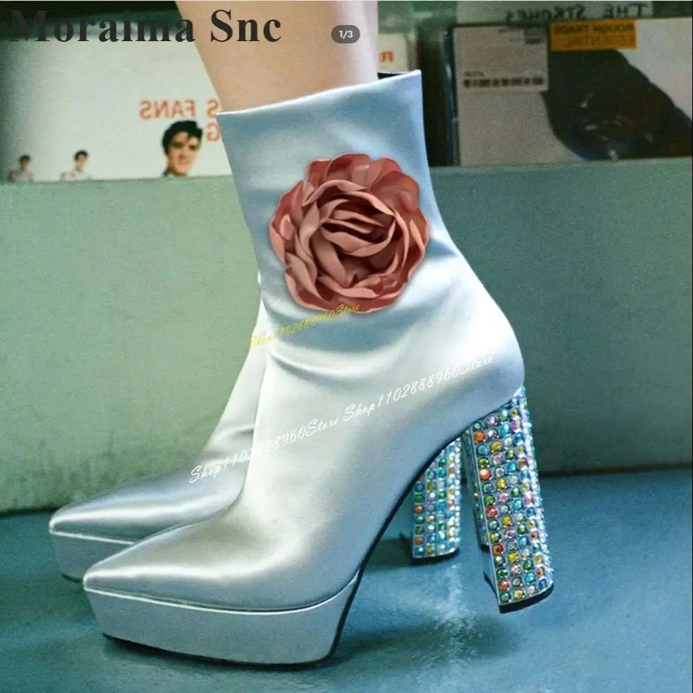 Mid Calf Gray Silk Flower Platform Crystal Boots Thick Heel Women Shoes Side Zipper Pointed Toe 2024 2024 Zapatos Para Mujere