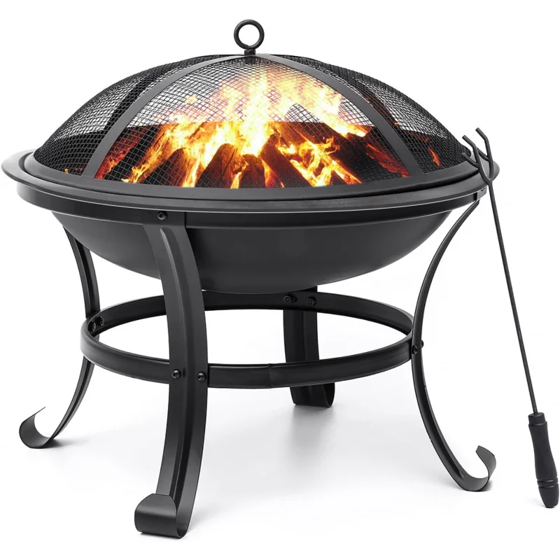 

22 Inch Outdoor Steel Fire Pit Bowl for Bonfire Patio Camping Backyard with Screen Grate Poker