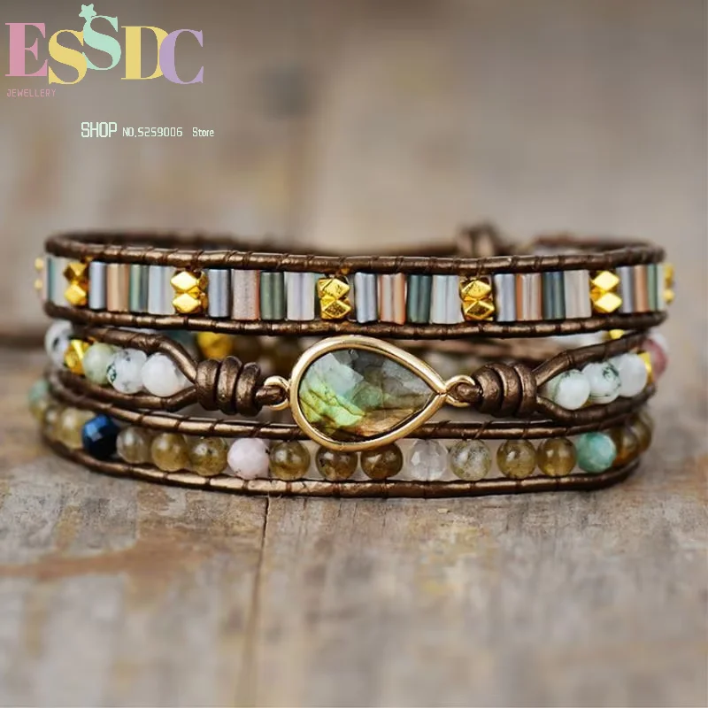 Luxury quality explosion Labradorite drop-shaped wrap bracelet stone hand-woven 3-layer leather chain fashion jewelry