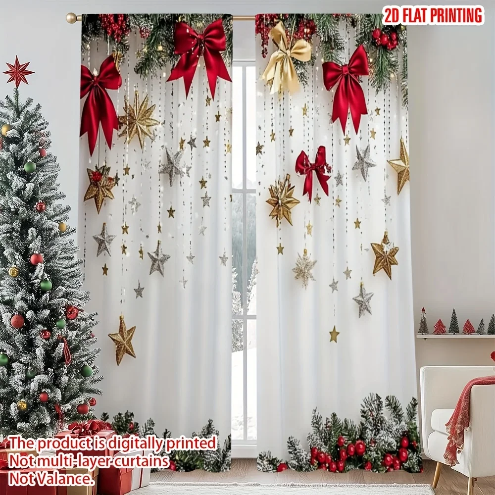 2pcs, Christmas party printed curtains with red bow and pine branches, suitable for indoor living room Christmas decoration.