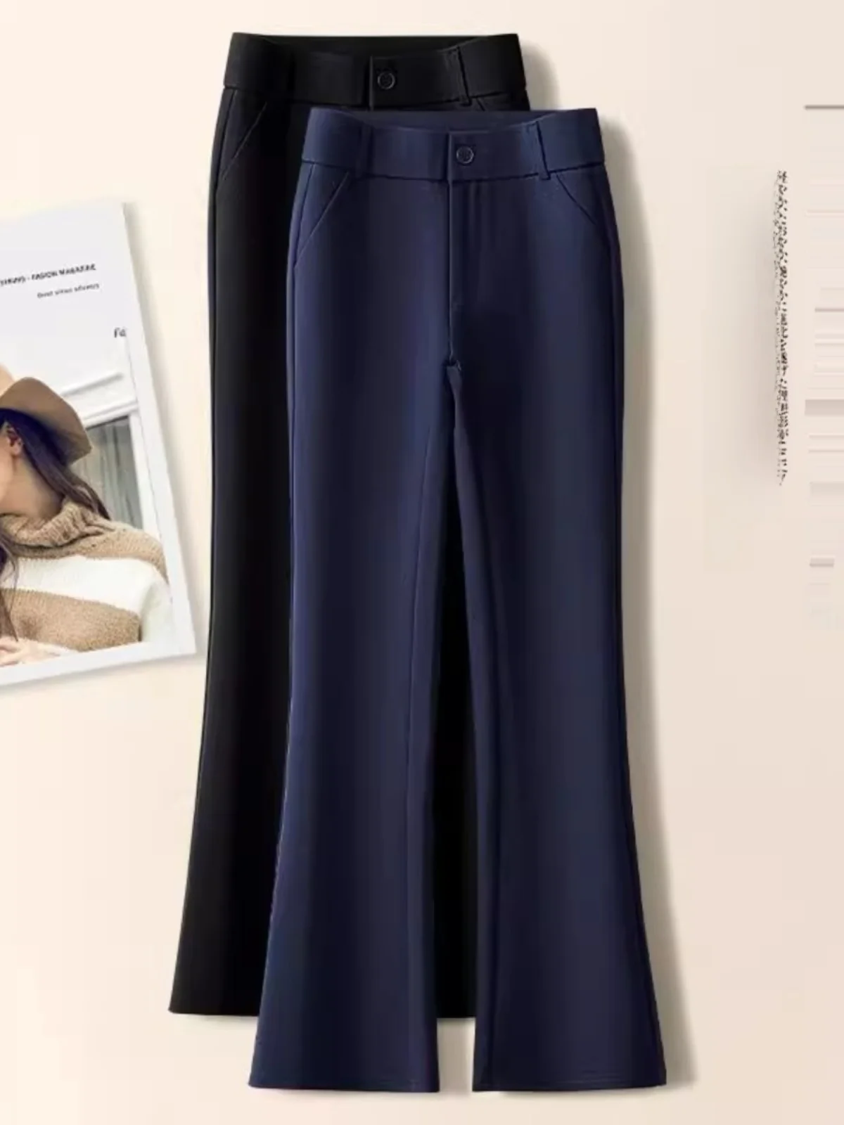 Slim Straight Leg Suit Pants for Women Dark Blue High Waist Commute Style Traditional Spring New Arrival Long Trousers