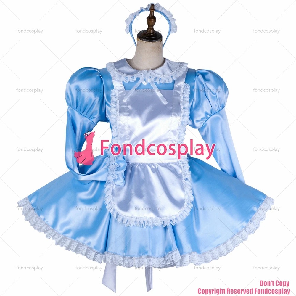 Fondcosplay erwachsene sexy kreuz dressing sissy maid baby blue satin kleid abschließbare weiß schürze Peter Pan kragen CD/TV[G2037]