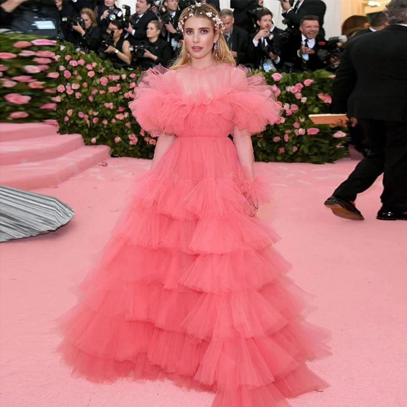 

Elegant High Neck Pleated Tiered Ruffled Tulle Prom Dresses Long A Line Puffy Short Sleeves Orange Boho Celebrity Party Gowns