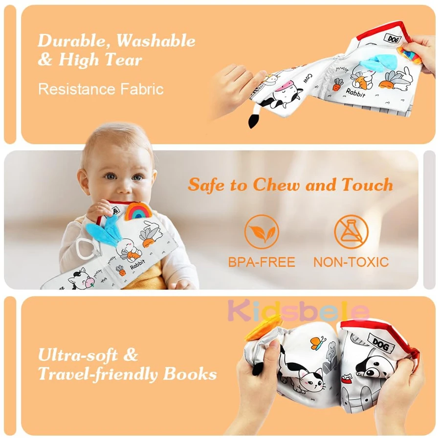 Baby-Crinkle-Stoffbuch mit Plüschtier-Zubehör, Montessori-Sensoriklernen, Soft-Touch-Bücher für Neugeborene von 0–36 Monaten