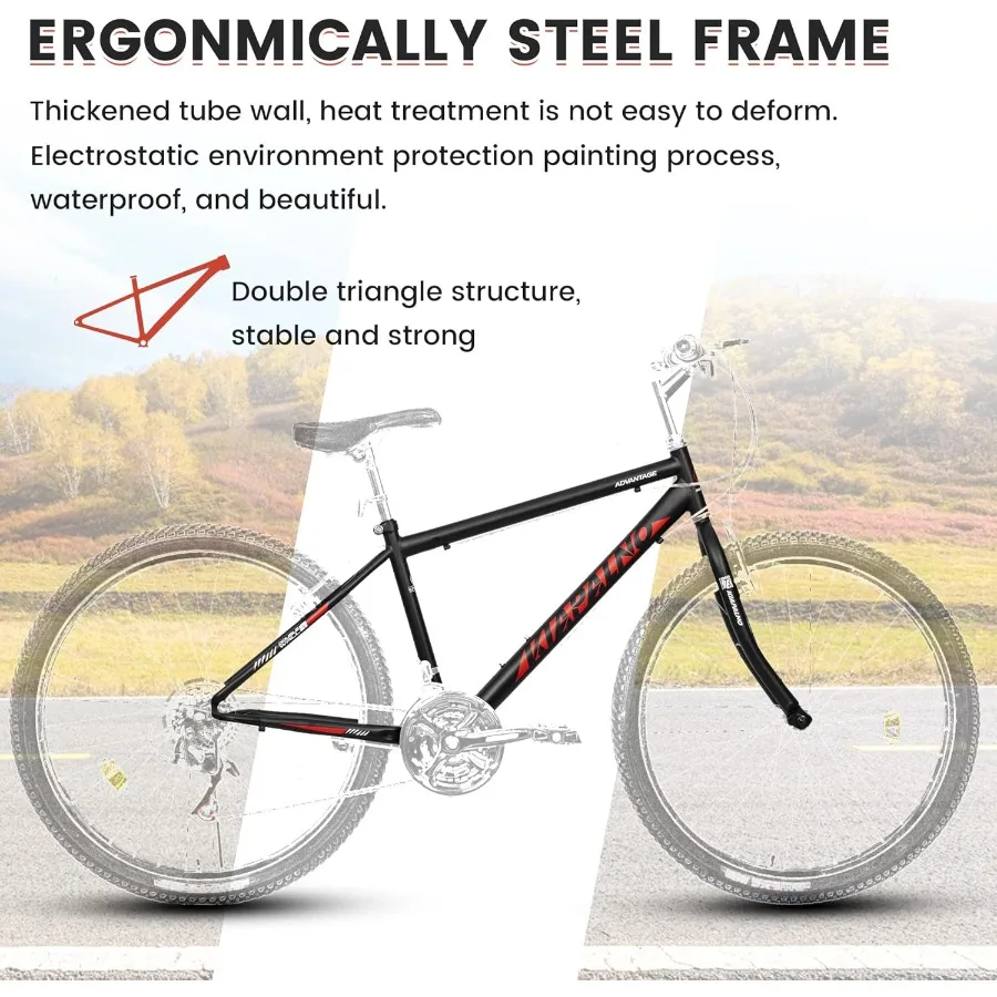 26 Inch Mountain Bike with Classic 21 Speeds V Brake for Adults and Teens Durable Carbon Steel Frame Designed for Trail Ridi