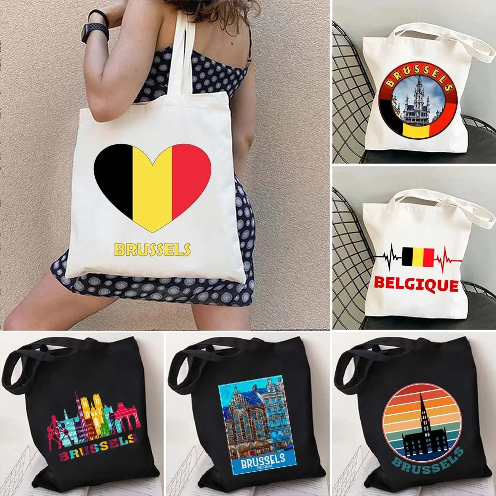 Travel Brussels Tourist Coat of Arms Belgium Flag Emblem Heartbeat Skyline Shoulder Canvas Totes Bags Harajuku Shopping Handbags