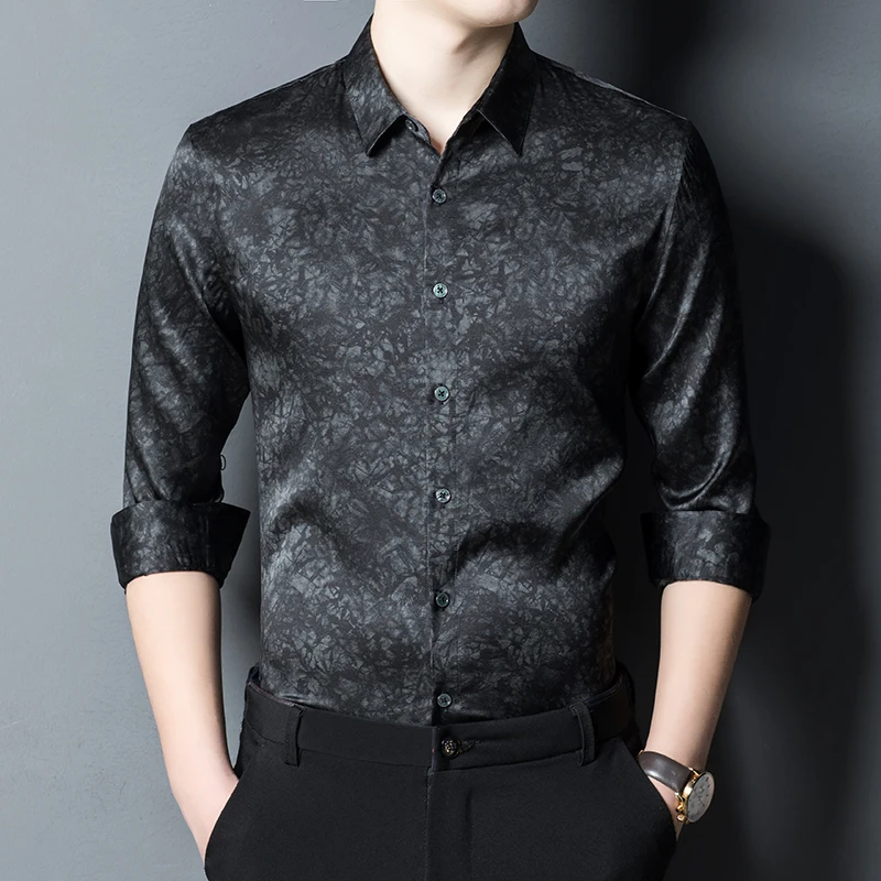 Silk Blends Vintage Print Shirts For Men Long Sleeve Classy Cool Summer Quality Lightweight Anti-Wrinkle Lapel Camisas De Hombre