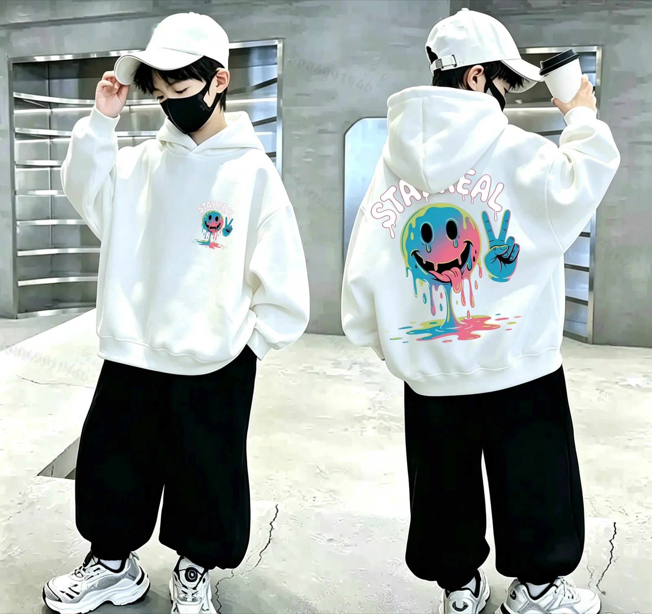Y2K Street Style Children Hoodie Gradient Melting Smiley Graphic Front & Back Print Loose Casual Pullover Sweatshirt