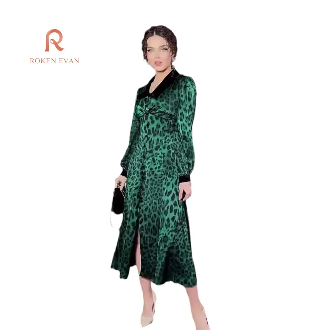 ROKEN EVAN 2024 autunno primavera temperamento elegante vento stampa leopardo vita stampa alla moda vestito dimagrante gonna lunga