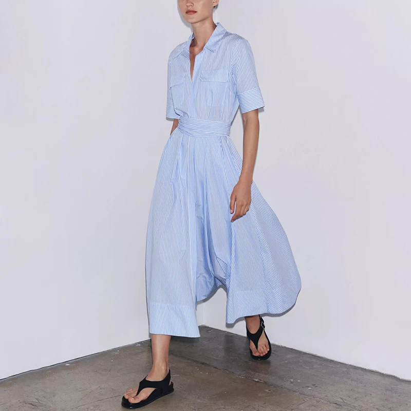 Zadata Casual Shirt Dress Women's Fashion High Waist A-Line Skirt Short Sleeve Casual Versatile Silk Material Spring Summer