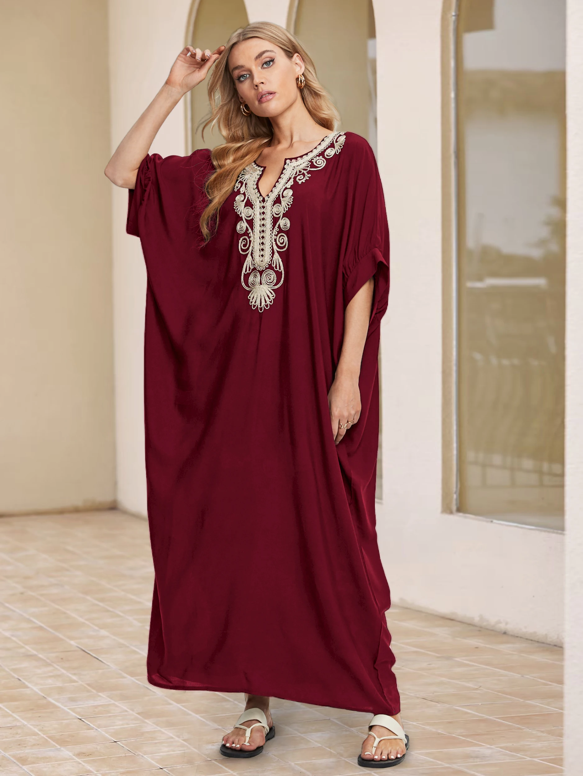 Summer Beachwear Black V-neck Embroidery Women Plus Size Kaftan Retro Elegant Beach Dress Swimsuit Cover-ups Loose Robe Q1631