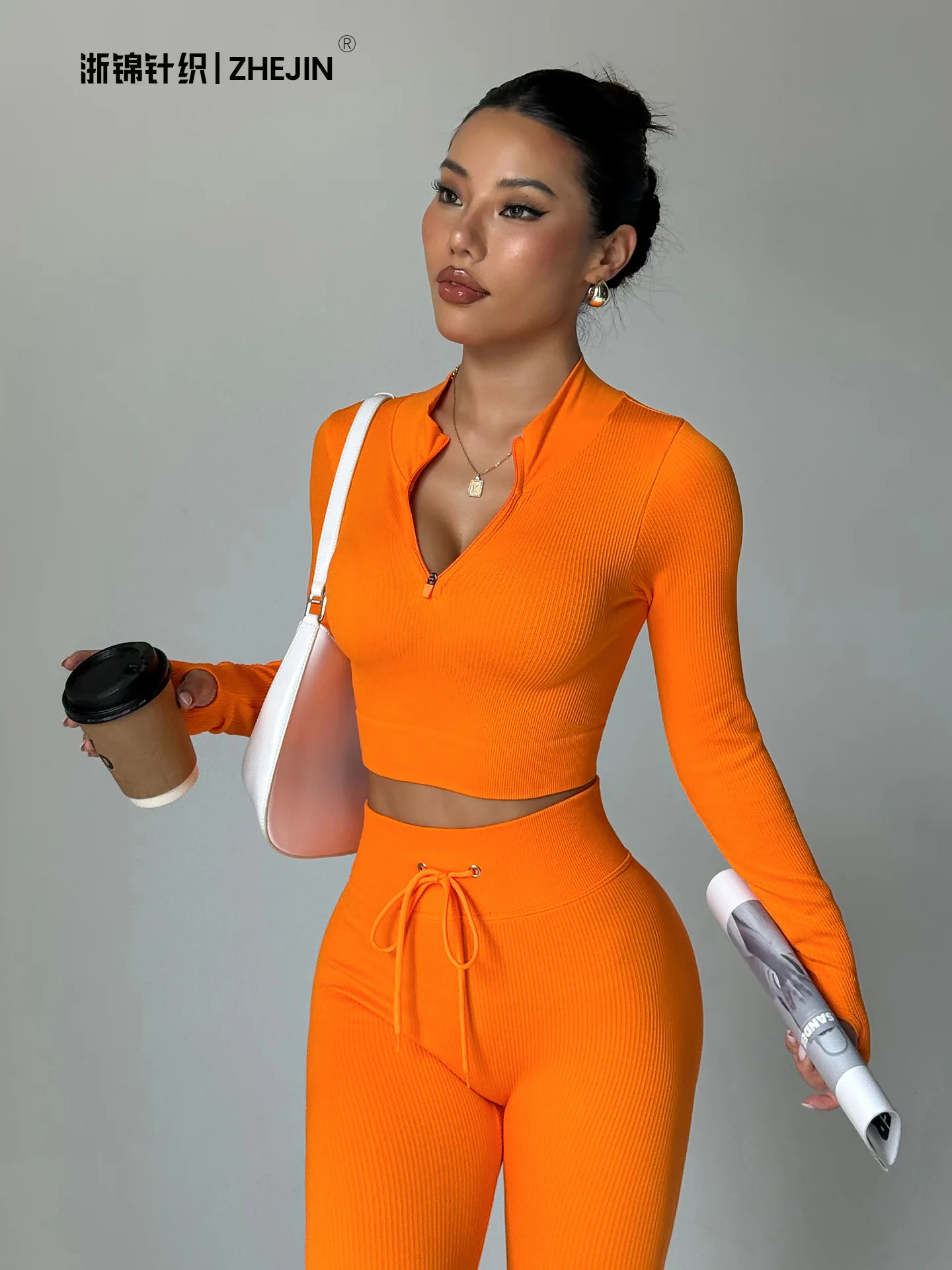 

Zhejin European and American yoga wear, long-sleeved sportswear set, women's zipper fitness wear, yoga top, yoga pants,long pant