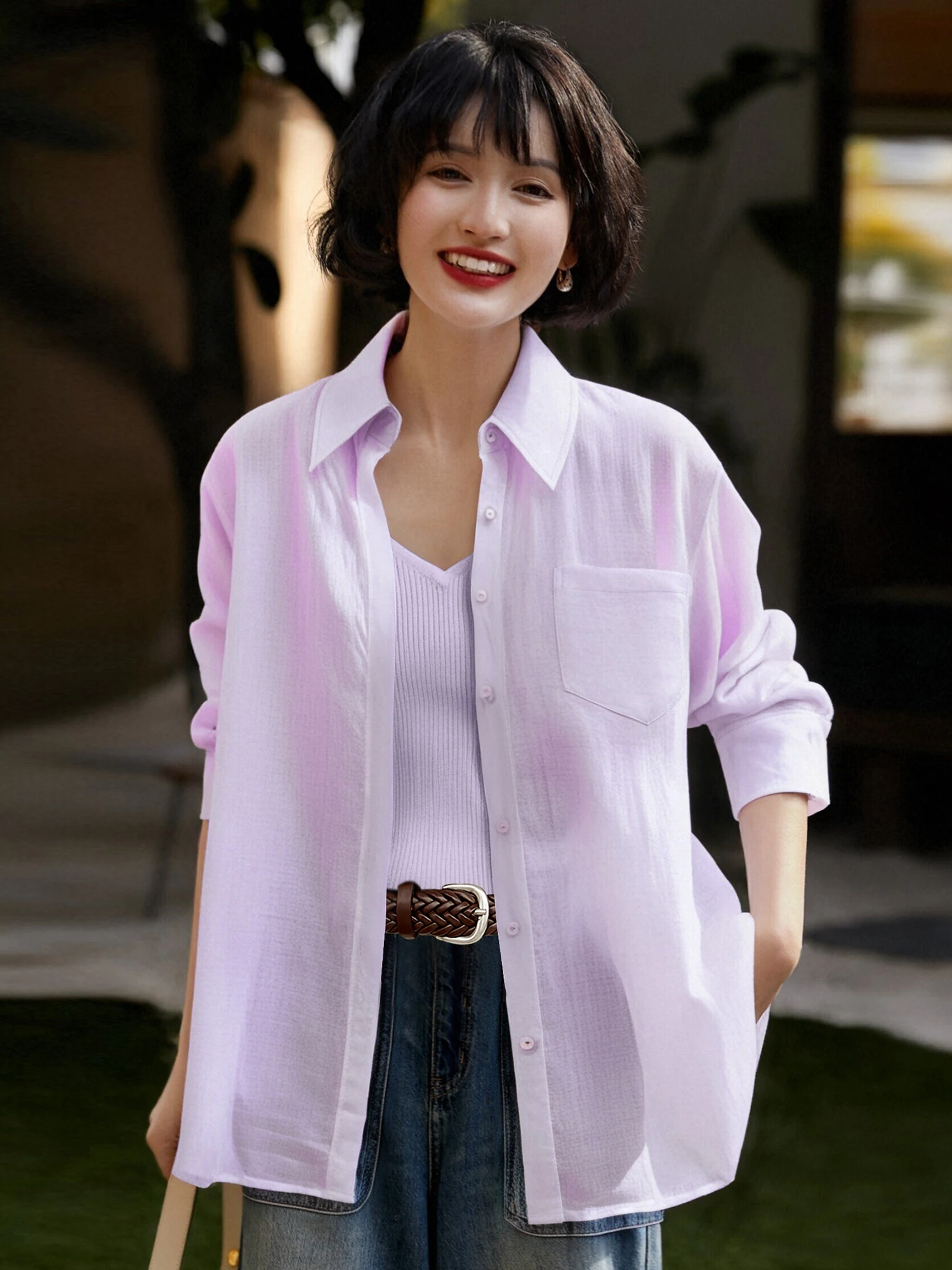 

Loose Fit Long Sve Collar Hemp irt Women's Sle Autumn New Arrival Chivirin Casual Ele Slimming Top Vest