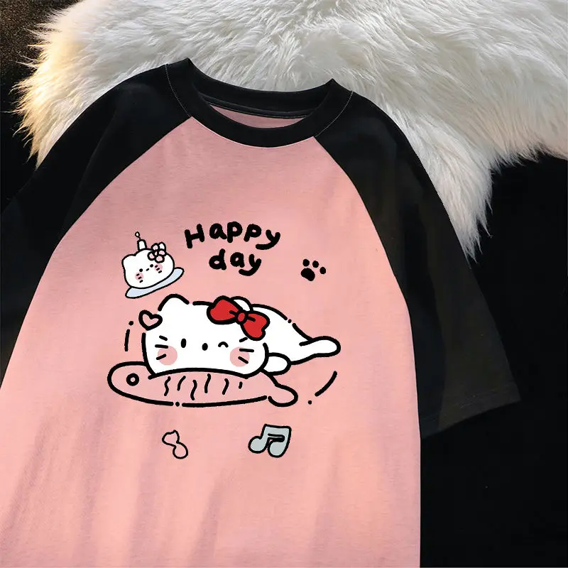 Sanrio เสื้อยืดแขนสั้นคอตตอนแท้สำหรับฤดูร้อนใหม่เสื้อลายการ์ตูนเสื้อแร็กแลนสีตัดกันน่ารักแบบหลวมสำหรับผู้หญิงของขวัญ