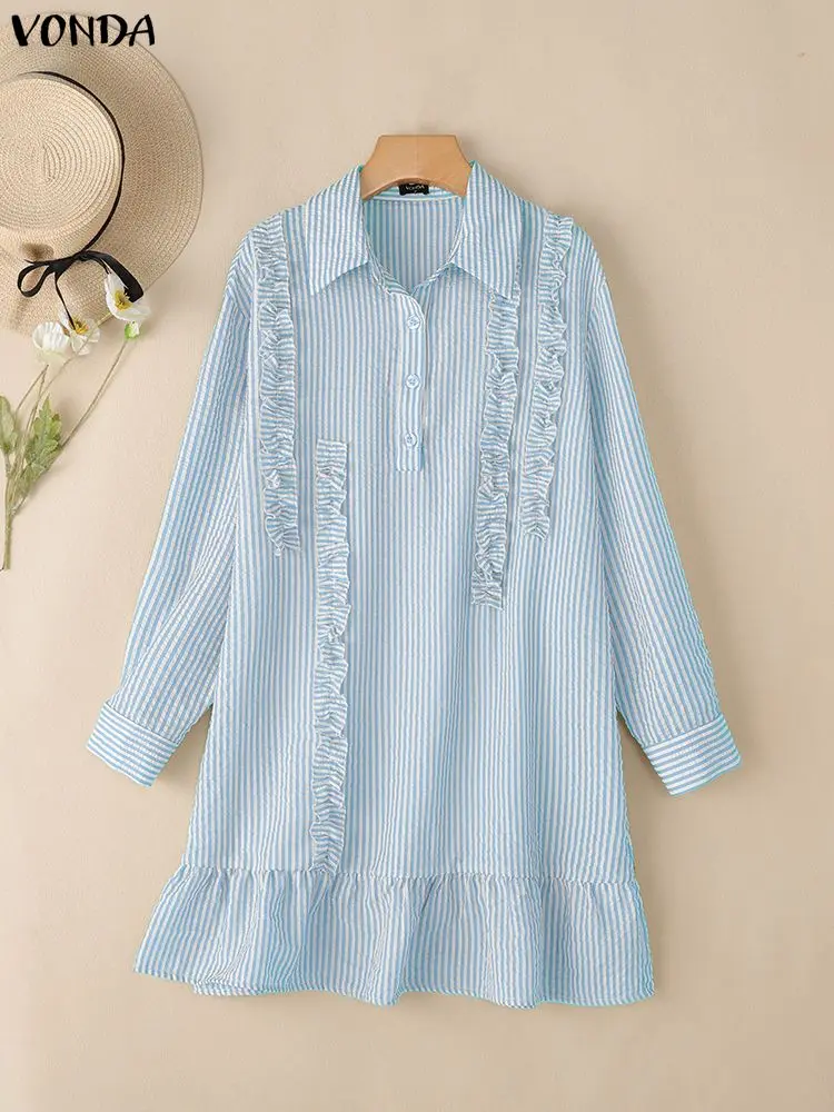 

Plus Size Women Dress 2025 VONDA Fashion Long Sleeve Striped Sundress Autumn Lapel Neck Mini Robe Casual Loose Short Vestidos