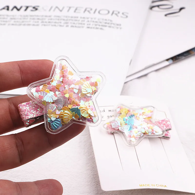 2pcs/lot Shining Star Hair Clip Quicksand Infant Hairpins Girl Star Clip Children Girls Sequins Hairpin Hair Accessories