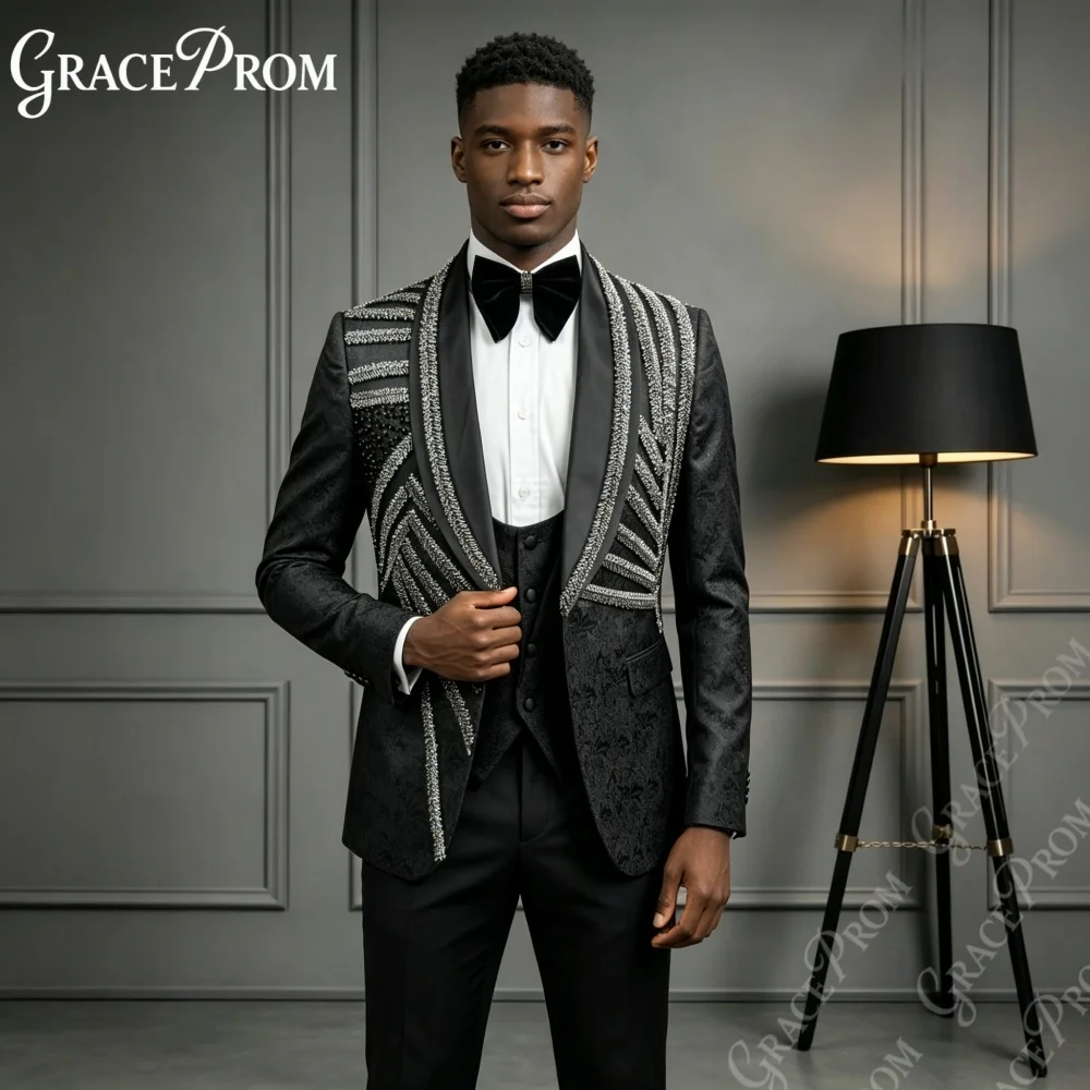 Exquisite Beaded Men Suit 3 PCS Formal Party Wear Premium Shawl Collar Slim Fit Tuxedo Sets Jacquard Wedding Groom Suits S‑3XL