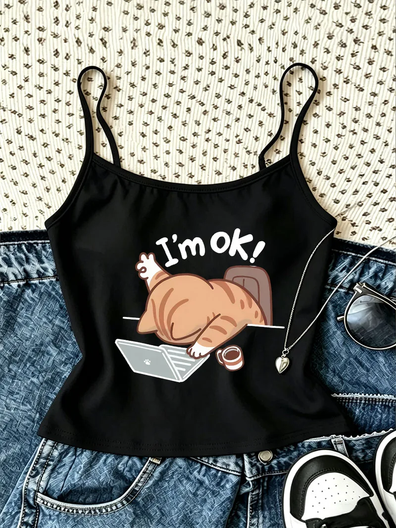 Cute I Am Ok Computer Cat Print Camisole Top Kawaii Cat Casual Crop Top Vest 90s Women'S Tank Top Shirt Spring Summer