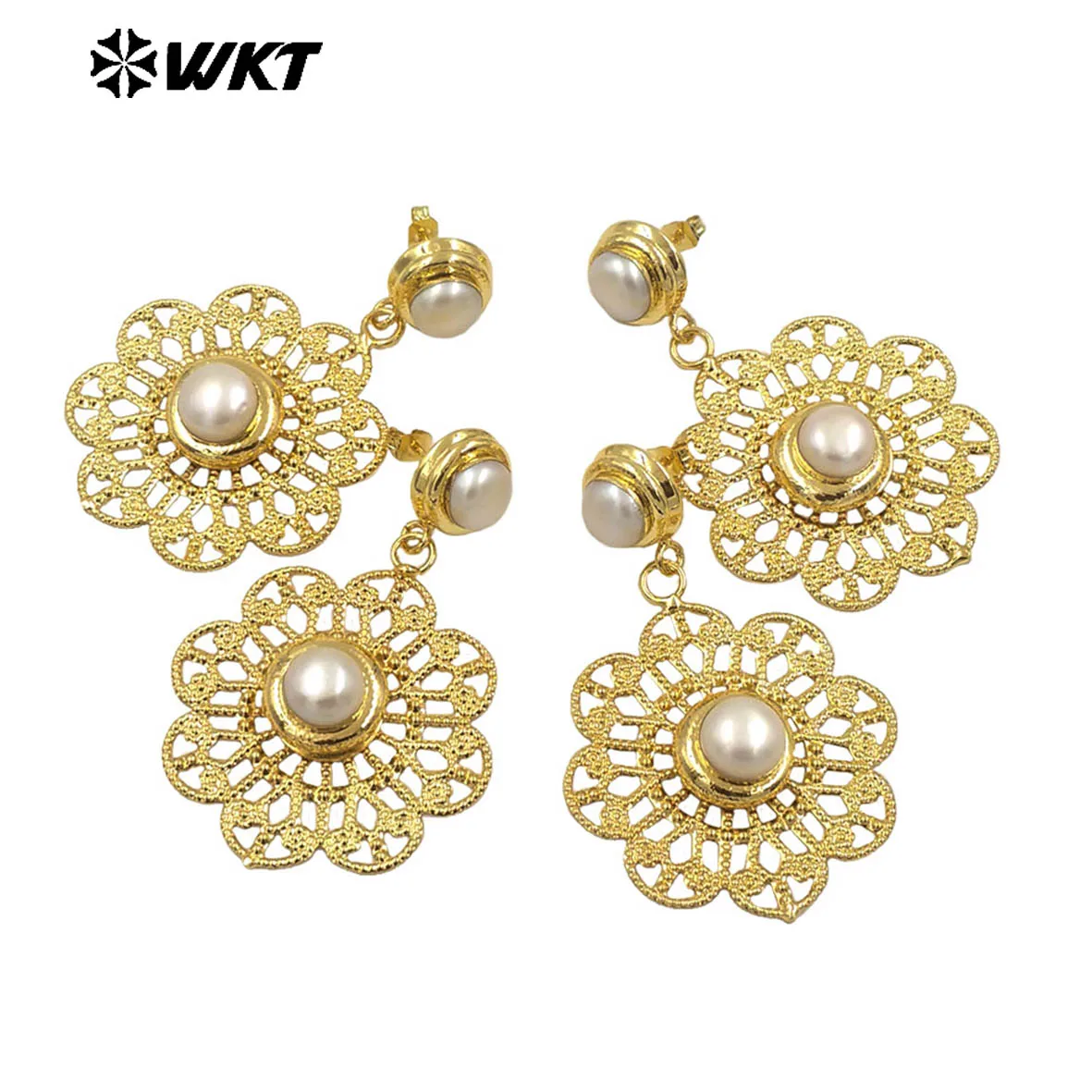 WT-E595 WKT Special Design Natural Pearl Earrings Gold Electroplated Hollow Out ACC Fashion Jewelry Gift For Lady